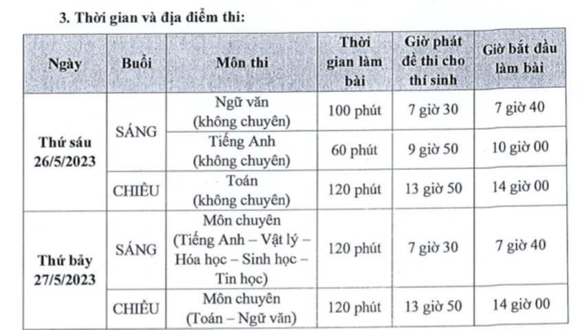 Lịch thi vào lớp 10 Trường Phổ thông Năng khiếu, Đại học Quốc gia TP.HCM. Ảnh: CHỤP MÀN HÌNH
