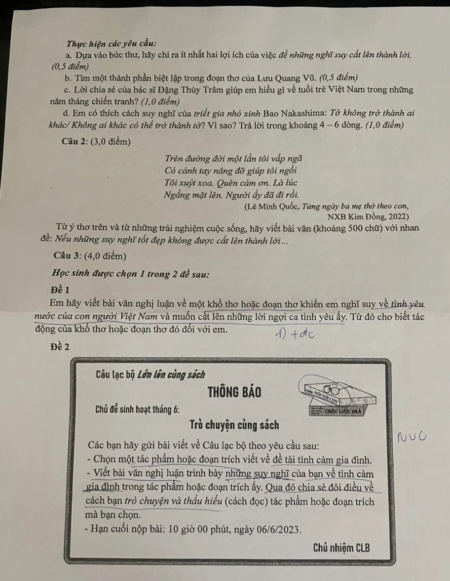 Đề thi văn vào lớp 10 tại TP.HCM. Ảnh: NGUYỄN QUYÊN