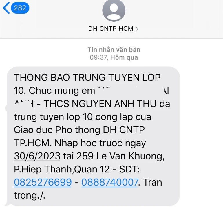 Tin nhắn được gửi cho học sinh từ Trung tâm Giáo dục phổ thông, Đại học Công nghiệp Thực phẩm TP.HCM. Ảnh: CHỤP MÀN HÌNH