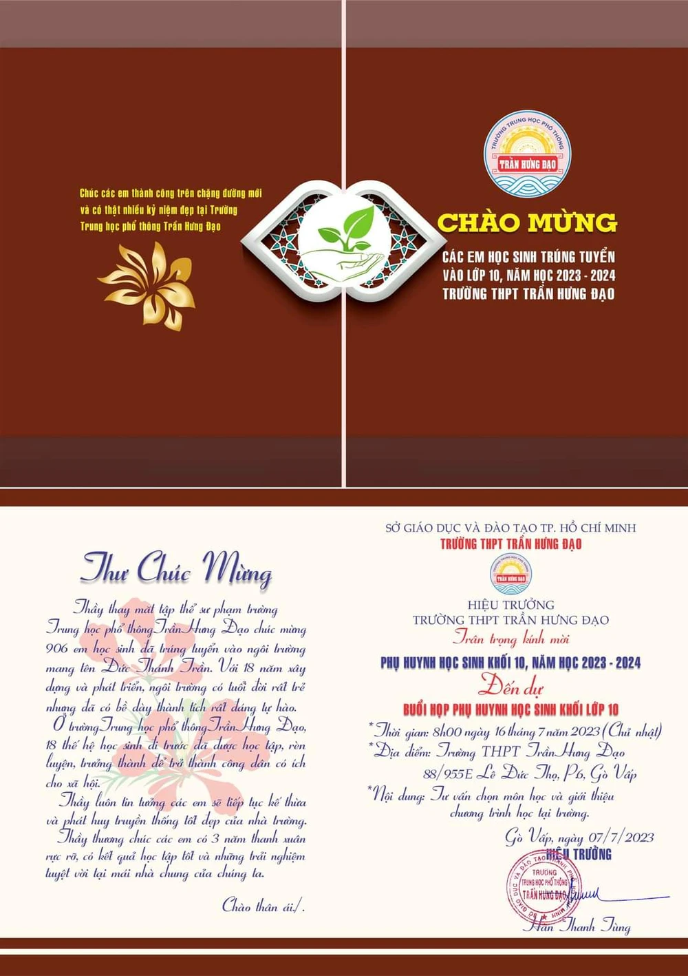 Thư chúc mừng gửi học sinh lớp 10 của thầy hiệu trưởng Trường THPT Trần Hưng Đạo. Ảnh: NTCC Thư chúc mừng gửi học sinh lớp 10 của thầy hiệu trưởng Trường THPT Trần Hưng Đạo. Ảnh: NTCC