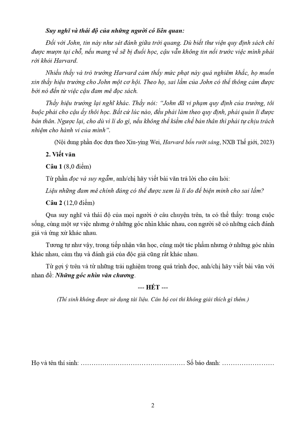 Đề văn học sinh giỏi lớp 12 được khen