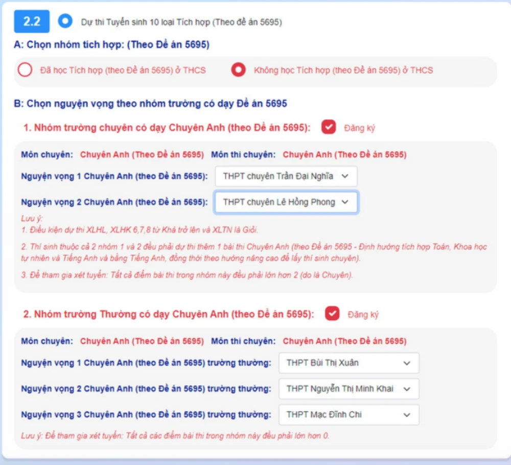 đăng ký tuyển sinh vào lớp 10