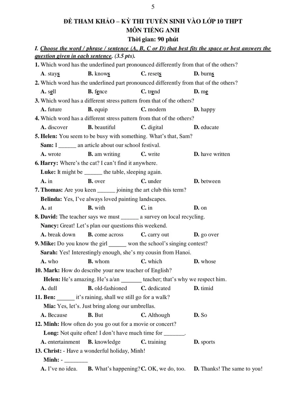 Đề thi môn Tiếng Anh