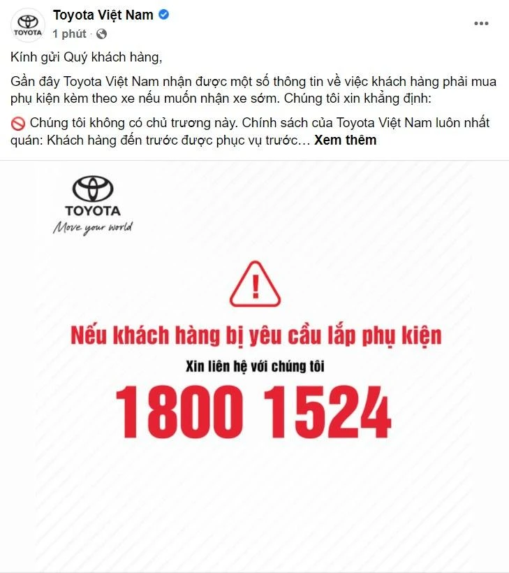 Thông cáo được Toyota gửi đến đại lý và khách hàng.