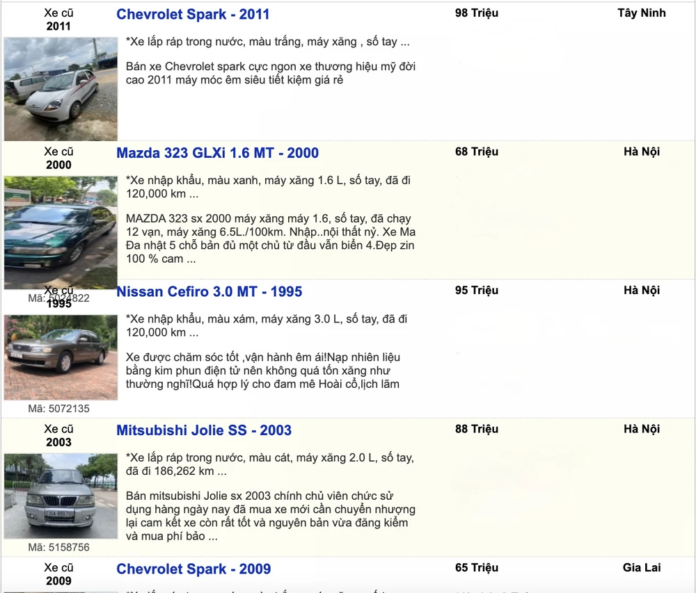 Loạt ô tô cũ có giá dưới 100 triệu đồng (Ảnh cắt từ trang bán xe cũ)