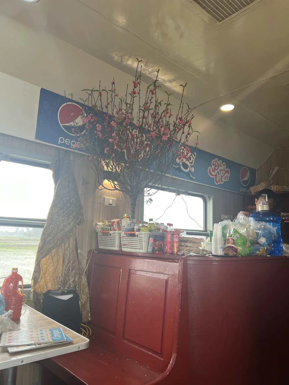 Cành hoa đào được chuẩn bị cho Giao thừa năm 2024 trên chuyến tàu SE 5.