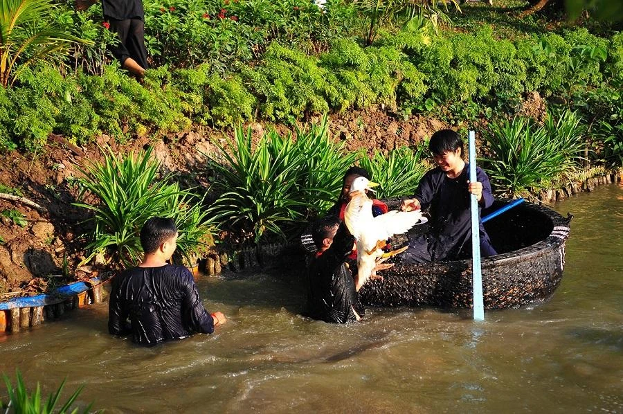 Du khách trải nghiệm chèo thuyền thúng bắt vịt tại khu du lịch Bến Thành Vinh Sang (Vĩnh Long) .ẢNH: L.PHƯƠNG Du khách trải nghiệm chèo thuyền thúng bắt vịt tại khu du lịch Bến Thành Vinh Sang (Vĩnh Long) .ẢNH: L.PHƯƠNG