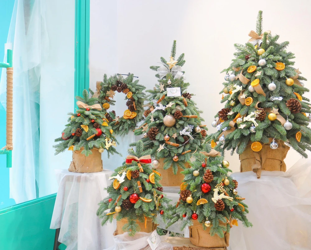 Cành thông tươi nhập khẩu Đan Mạch được kết thành các cây với đa dạng mẫu mã. Ảnh: TU.