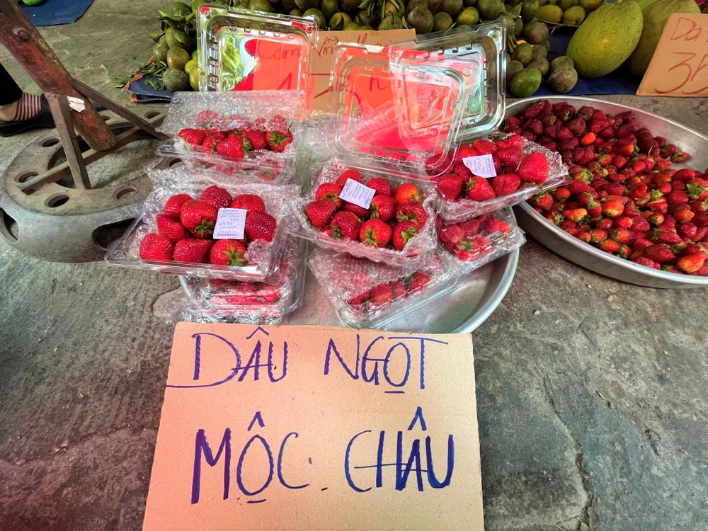 Dâu tây Mộc Châu bày bán ở chợ truyền thống TP.HCM . ẢNH: TÚ UYÊN