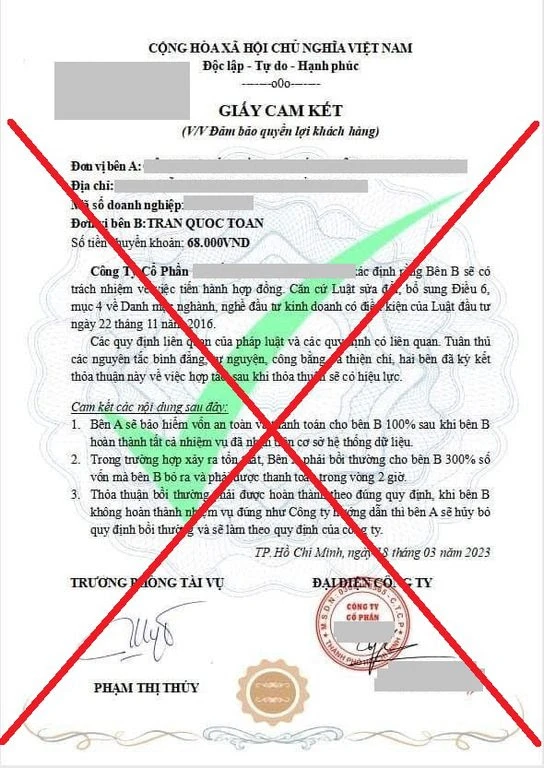 Giấy cam kết quyền lợi giả mạo thương hiệu Du Lịch Việt. ẢNH: Công ty Du Lịch Việt cung cấp