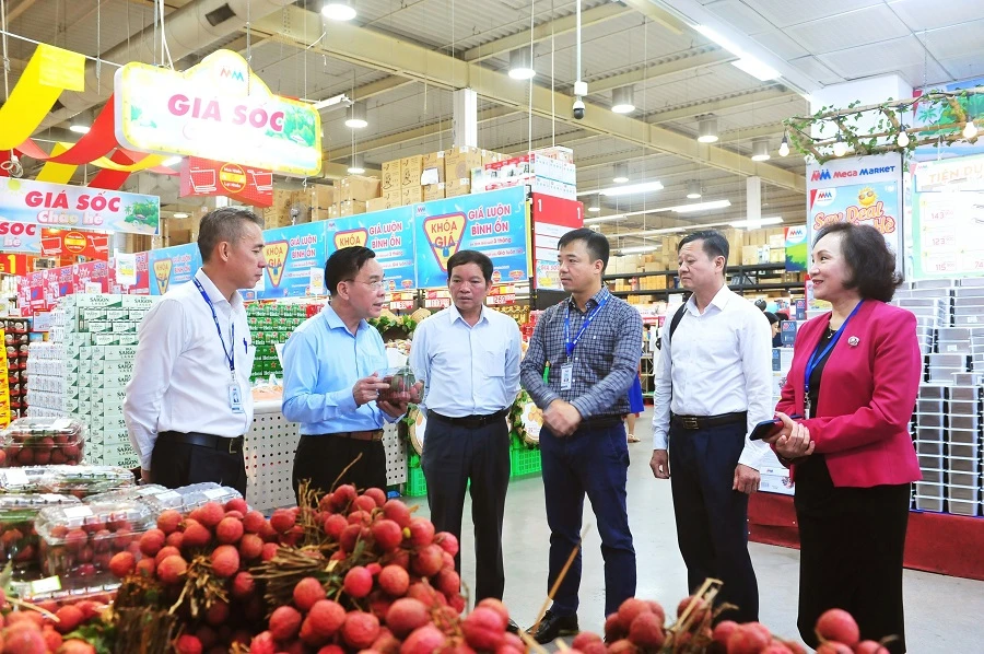 Lãnh đạo Sở Công Thương tỉnh Bắc Giang quảng bá vải thiều tại TP.HCM. ẢNH: T.U