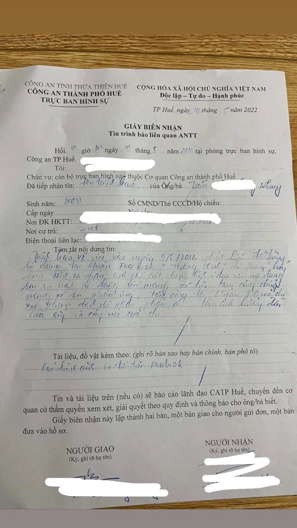 Đơn trình báo của T.H.P.N gửi đến cơ quan chức năng. Ảnh: NVCC