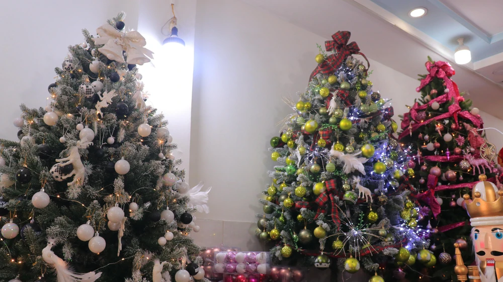 Cây thông Noel được trang trí lộng lẫy cũng được nhiều bạn trẻ mạnh tay chi tiền mang về nhà. Ảnh: VÕ THƠ