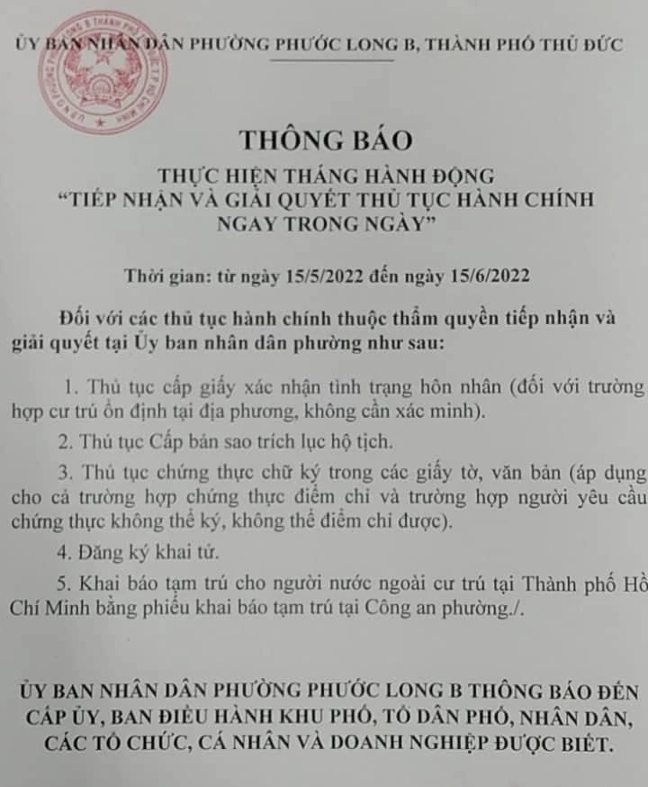 Thông báo của UBND phường Phước Long B. Ảnh: TS