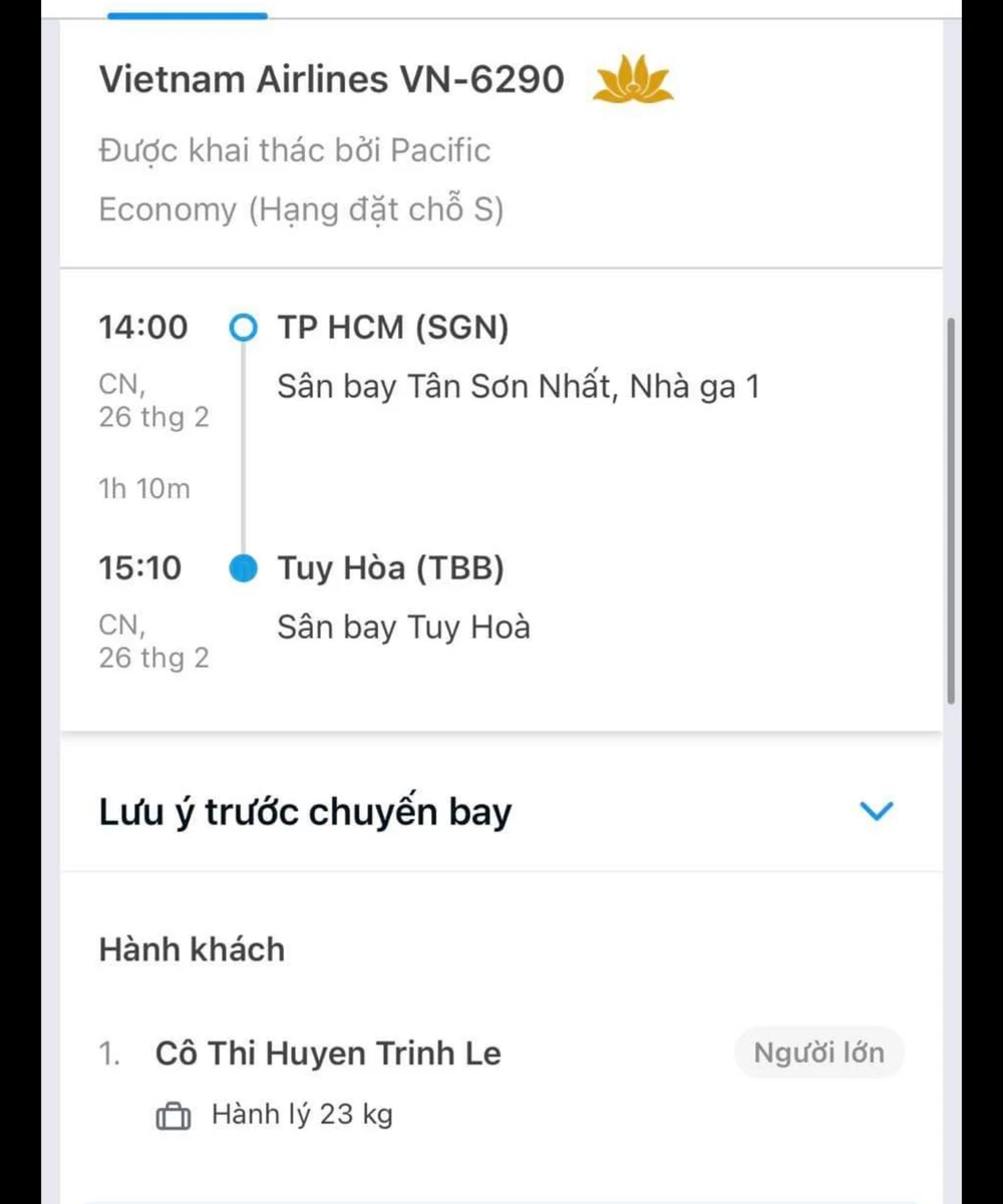Vé máy bay chị Trinh đã mua nhưng không được lên máy bay do đã hết ghế ngồi. Ảnh: TS