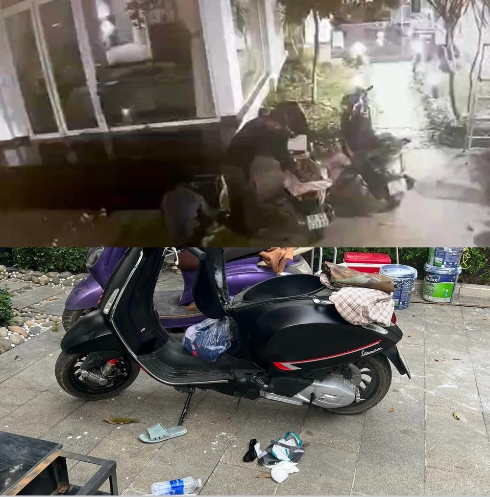 Hai kẻ trộm đang mở cốp xe lấy điện thoại di động (ảnh trên), hiện trường kẻ trộm để lại (ảnh dưới). Ảnh: CM