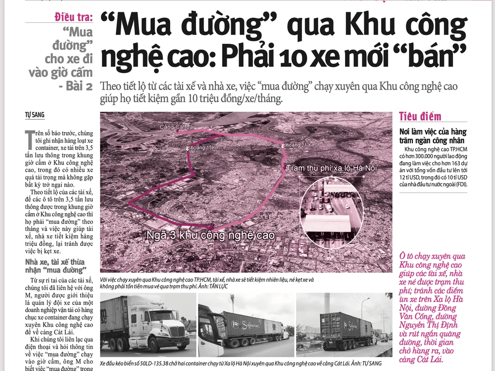 Ngày 7-6, báo Pháp Luật TP.HCM đăng bài 2 trong loạt bài "mua đường" trong Khu công nghệ cao. Ảnh: TS.
