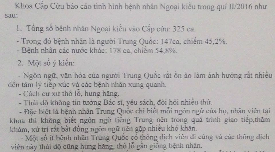 Báo cáo của bệnh viện về tình hình bệnh nhân Ngoại kiều trong quý II/2016.