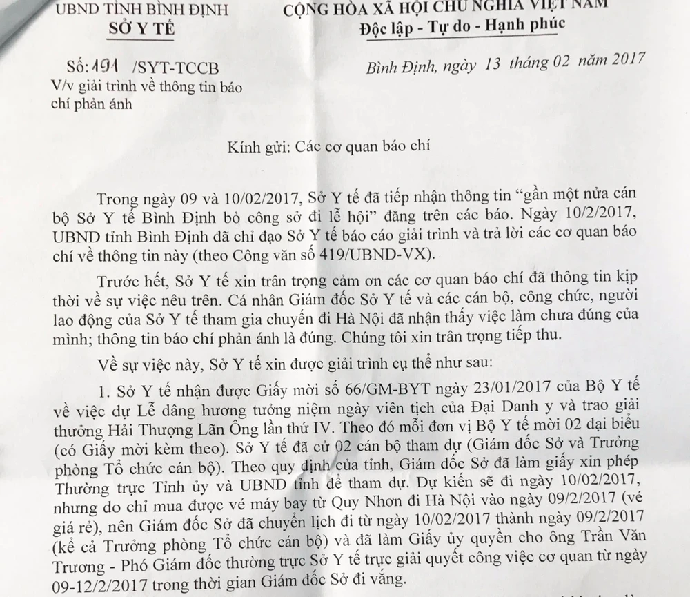 Công văn của Sở Y tế Bình Định gửi các cơ quan báo chí