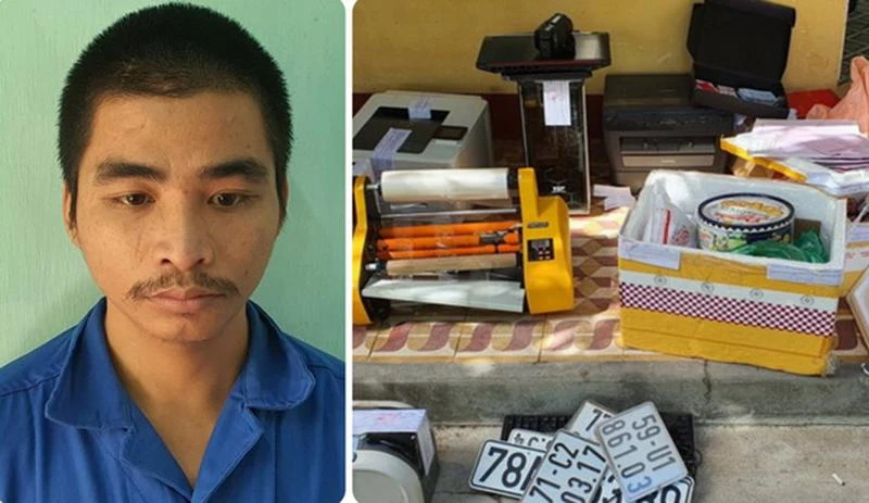 Trần Đình Thành sau khi bị bắt giữ cùng tang vật. Ảnh: CA