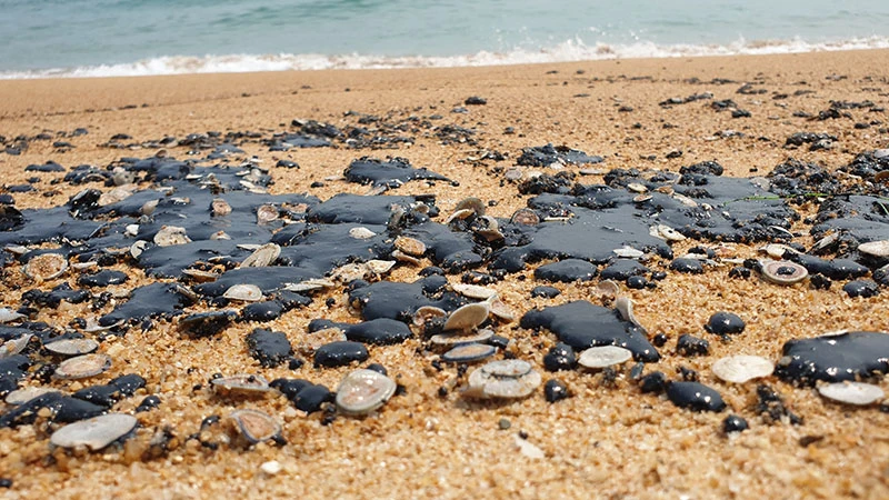 Dầu vón cục bị sóng đánh dạt trên biển Tuy Hòa. Ảnh: KHƯƠNG VY