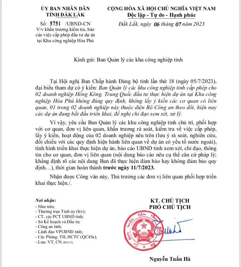 Công văn chỉ đạo của UBND tỉnh Đắk Lắk