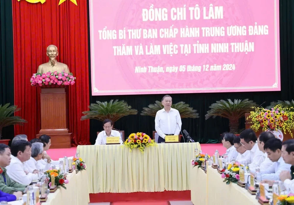 Tổng Bí thư Tô Lâm lưu ý tỉnh Ninh Thuận phát huy tiềm năng, lợi thế để phát triển. Ảnh: VOV