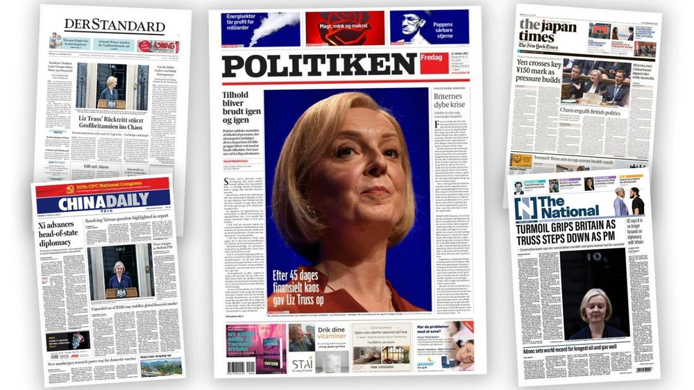 Các hãng tin trên khắp thế giới đưa tin về việc từ chức của Th tướng Anh Liz Truss. Ảnh: THE TIMES