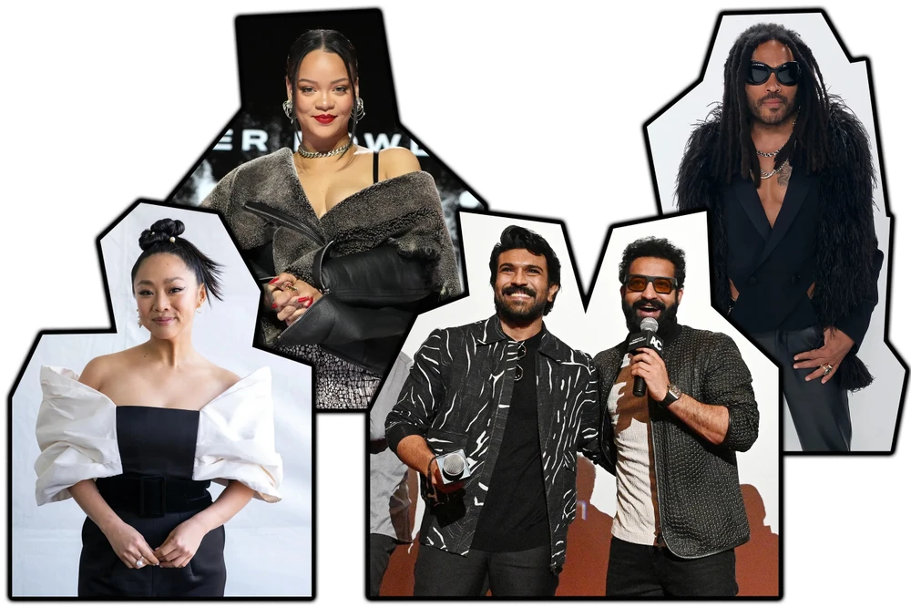 (Trái sang phải) Diễn viên Stephanie Hsu, ca sĩ Rihanna, diễn viên Ram Charan, diễn viên N. T. Rama Rao Jr. và ca sĩ Lenny Kravitz - những người có thể sẽ biểu diễn tại sân khấu lễ trao giải Oscar 2023.