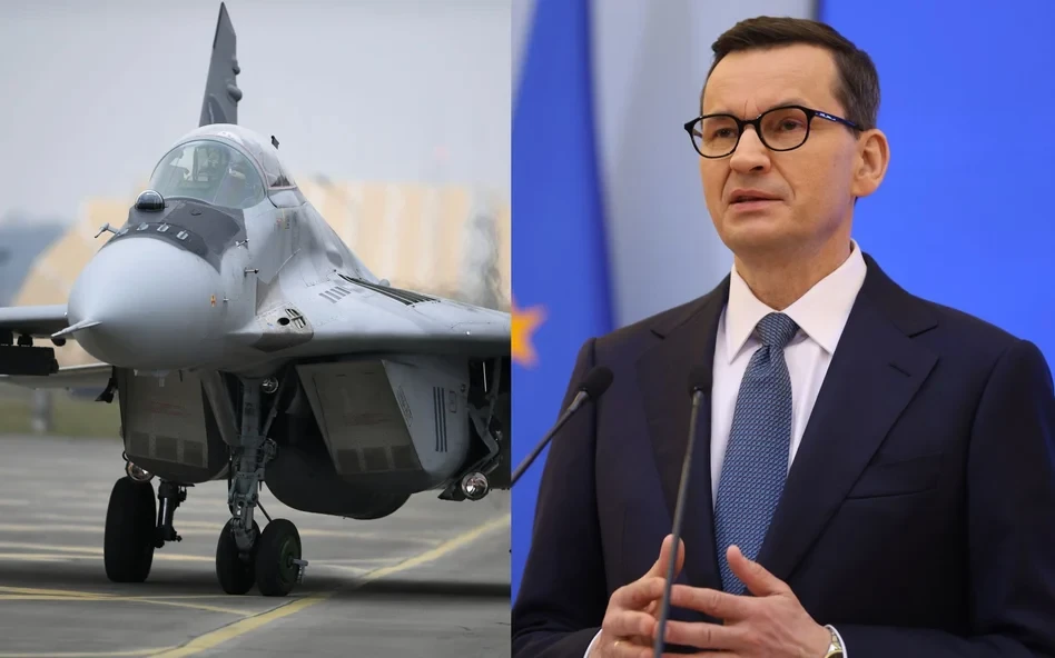 Thủ tướng Ba Lan Mateusz Morawiecki và máy bay phản lực MiG-29. Ảnh: PAP