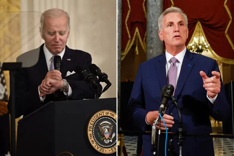 Tổng thống Mỹ Joe Biden (trái) và Chủ tịch Hạ viện Mỹ Kevin McCarthy. Ảnh: NEWSWEEK