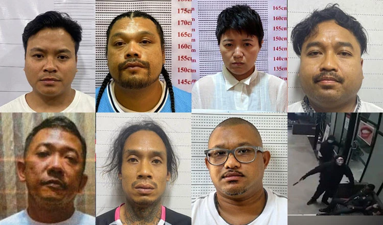 7 nghi phạm vụ cướp tù nhân ở tỉnh Siem Reap (Campuchia) và hình ảnh vụ cướp tù nhân trích xuất từ camera an ninh. Ảnh: KHMER TIMES