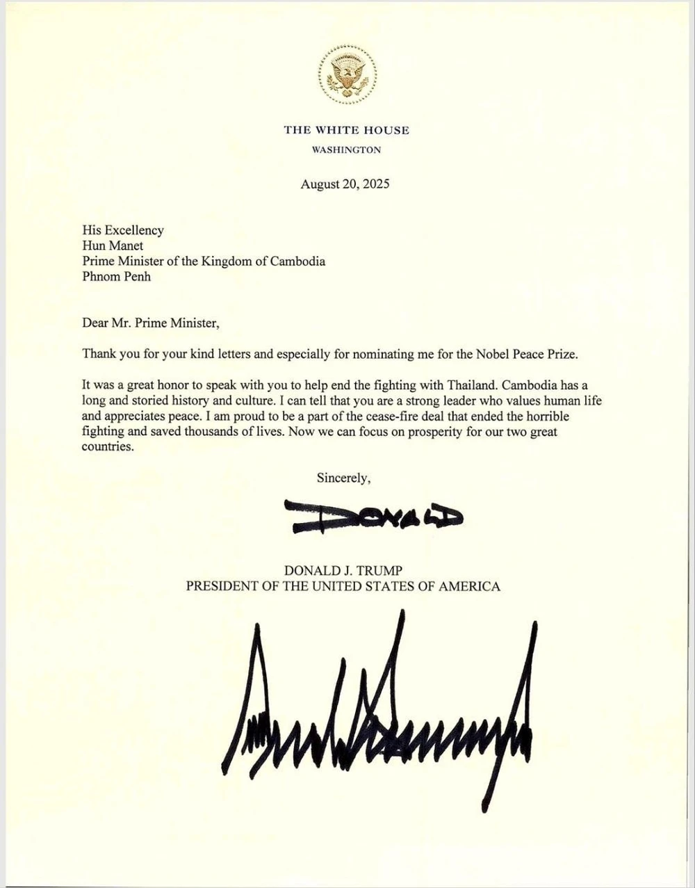 Ông Trump gửi thư cảm ơn ông Hun Manet vì đã đề cử ông cho Nobel Hòa Bình