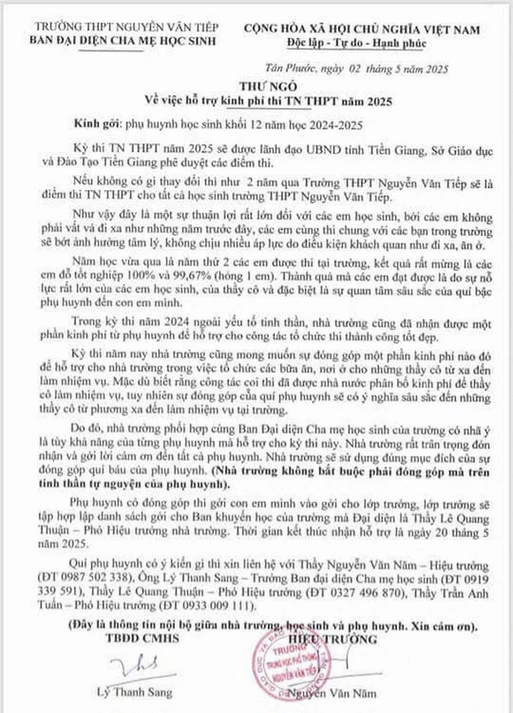 Trường THPT Nguyễn Văn Tiếp thu hồi thư ngỏ vận động kinh phí thi tốt nghiệp THPT