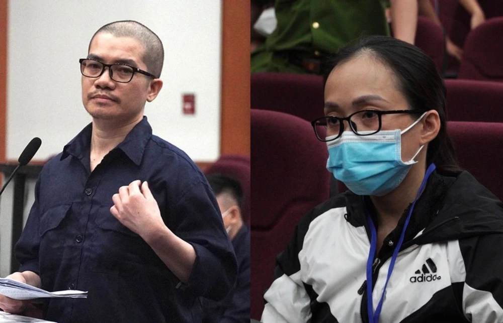 Bị cáo Nguyễn Thái Luyện và Võ Thị Thanh Mai tại phiên tòa phúc thẩm hồi tháng 5-2023. Ảnh: HỮU ĐĂNG