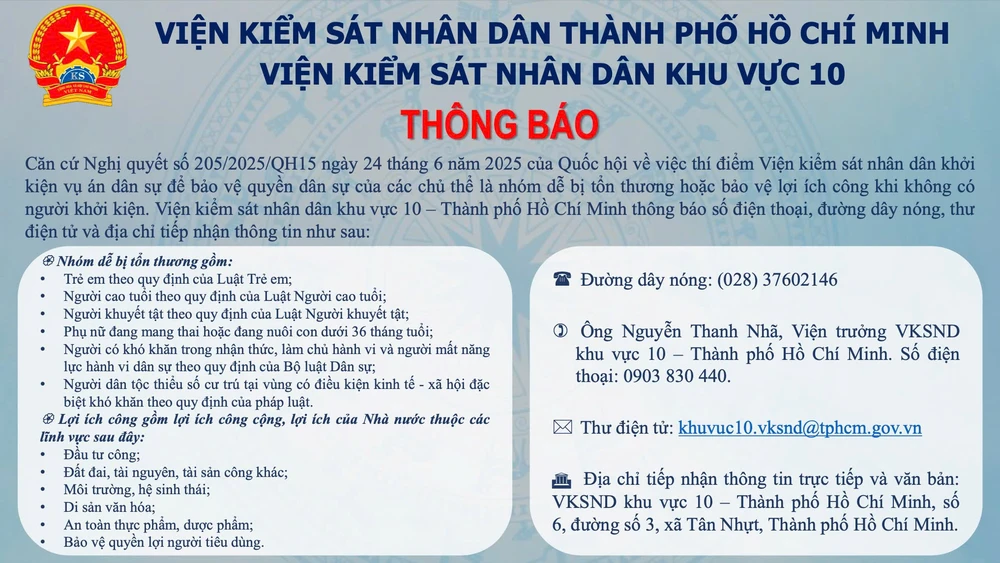 Bảng thông báo của VKSND Khu vực 10 - TP.HCM về Nghị quyết 205. Ảnh: VKS