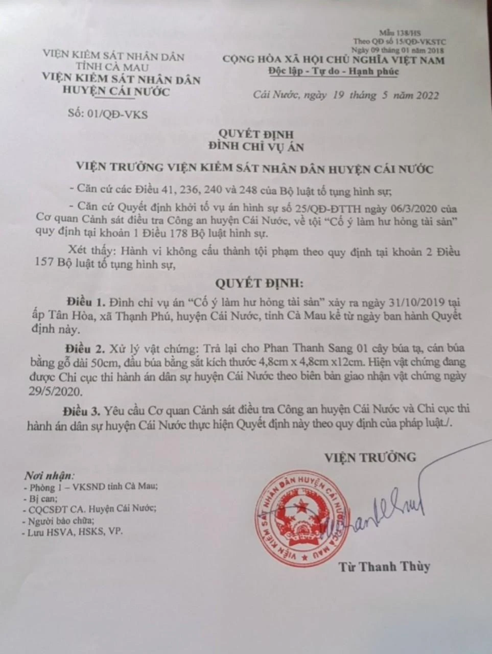 Quyết định đình chỉ vụ án của VKSND huyện Cái Nước.