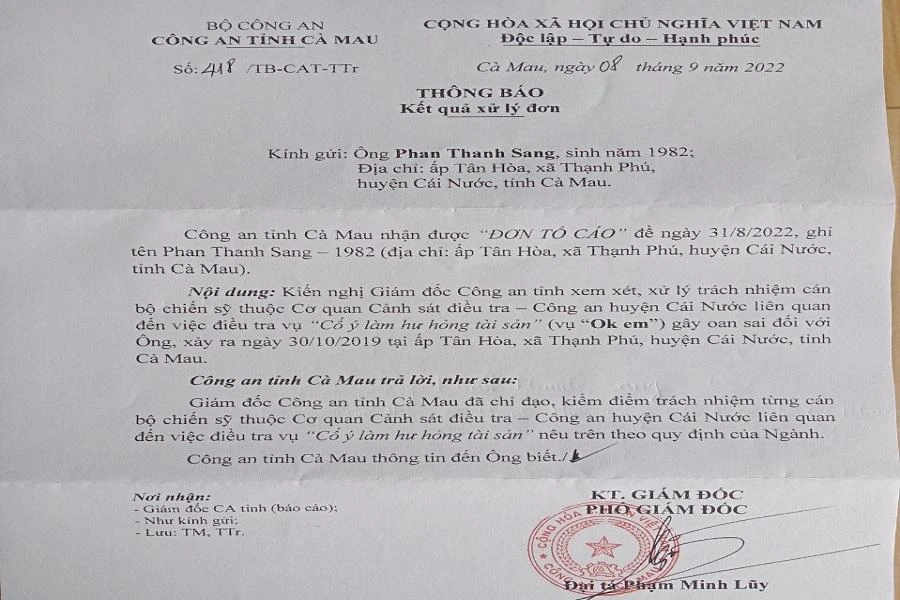 Thông báo của Công an tỉnh Cà Mau ngày 8-9-2022.