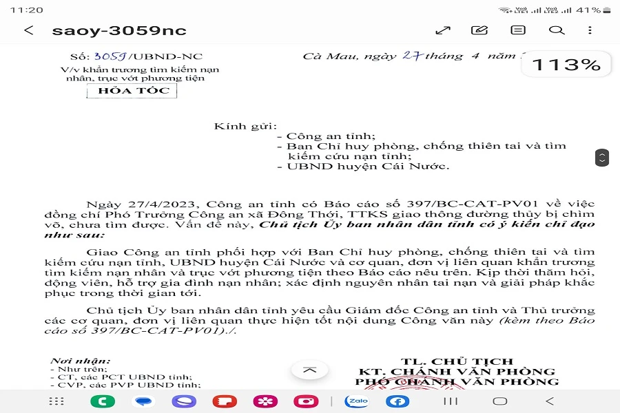 Công văn hoả tốc của Chủ tịch tỉnh Cà Mau chỉ đạo tìm kiếm Thiếu tá Nguyện. Ảnh: TRẦN VŨ