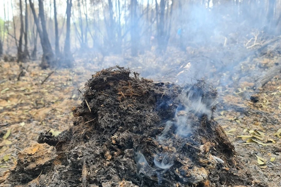 Những đám cháy ngầm vẫn còn đó, lực lượng được cắt cử ở lại hiện trường để phòng nó bùng phát trở lại. Ảnh: CTV.