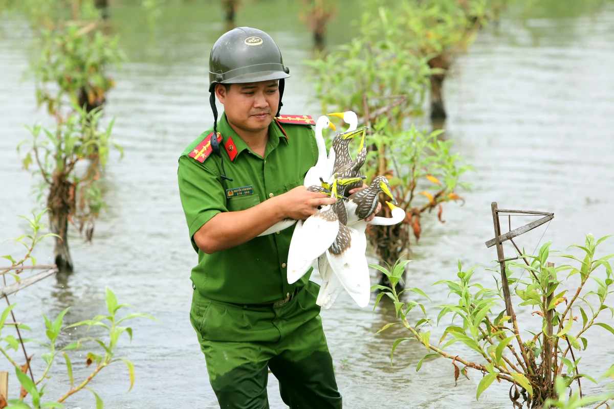 Công an phường Quảng Hùng trực tiếp xuống tịch thu cò, vạc giả. Ảnh: ĐẶNG TRUNG