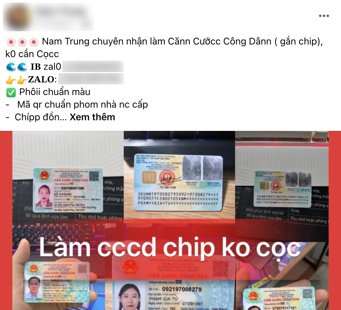 Các hội nhóm nhận làm CCCD gắn chip giả trên mạng xã hội. Ảnh: MINH HOÀNG Các hội nhóm nhận làm CCCD gắn chip giả trên mạng xã hội. Ảnh: MINH HOÀNG