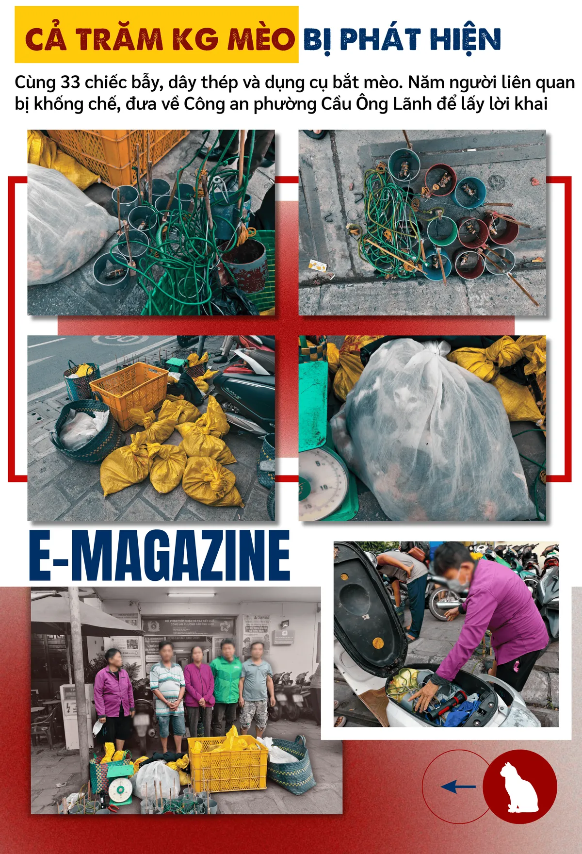 ẢNH GHÉP 9 - Cả trăm kg mèo bị phát hiện, cùng 33 chiếc bẫy, dây thép và dụng cụ bắt mèo. Năm người liên quan bị khống chế, đưa về Công an phường Cầu Ông Lãnh để lấy lời khai.png