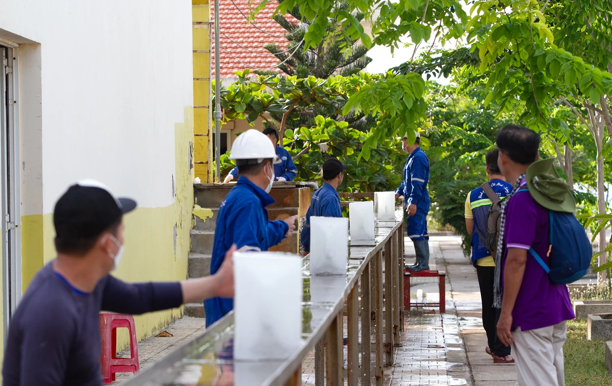 Điều đặc biệt nữa là tại khu vực dịch vụ hậu cần nghề cá ở đảo Đá Tây A, chi phí cho mỗi cây đá nặng 50kg còn thấp hơn giá cả ở đất liền. Ảnh: NT Điều đặc biệt nữa là tại khu vực dịch vụ hậu cần nghề cá ở đảo Đá Tây A, chi phí cho mỗi cây đá nặng 50kg còn thấp hơn giá cả ở đất liền. Ảnh: NT