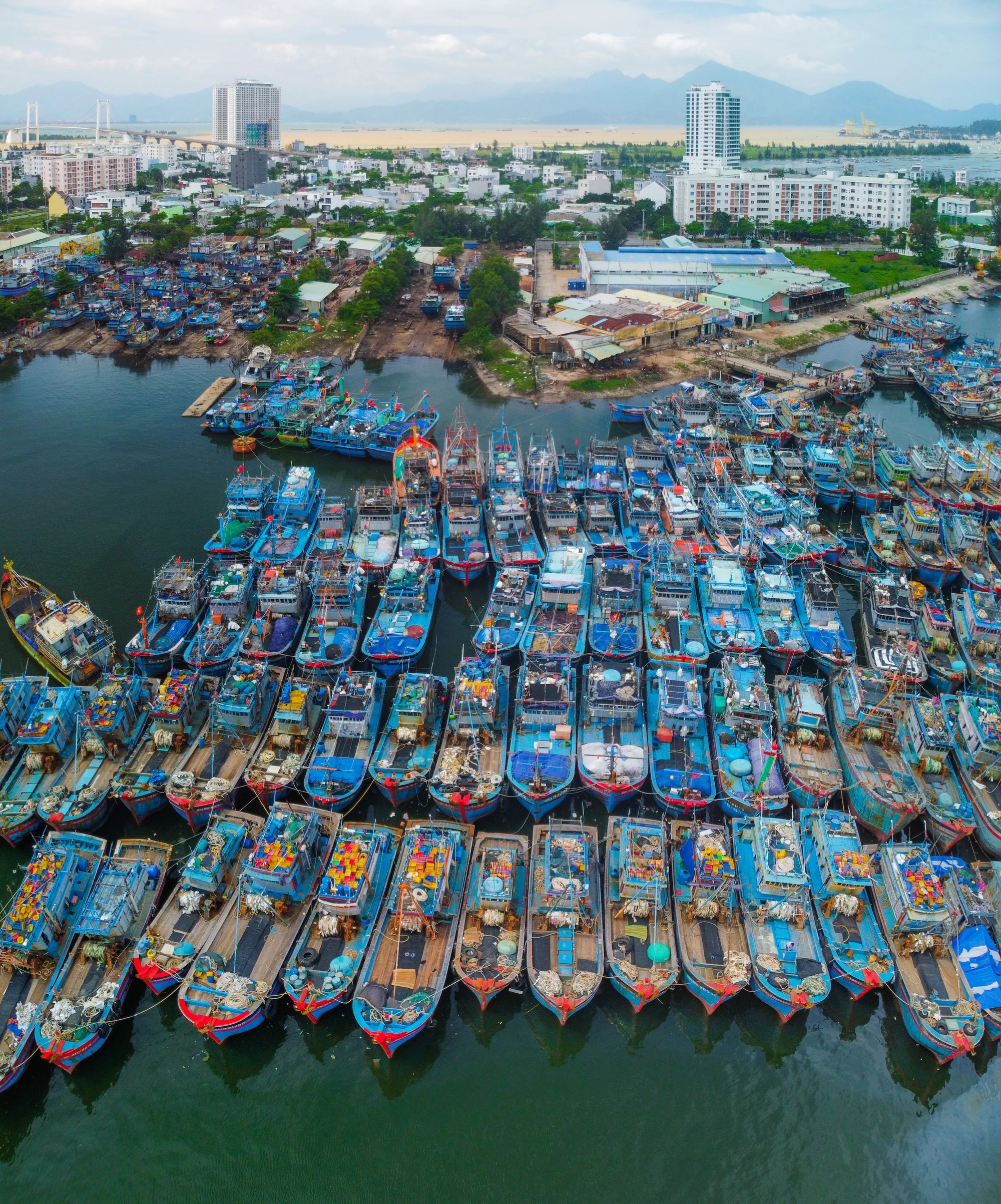 Tàu cá xếp hàng tại cảng cá Thọ Quang sau nhiều ngày lênh đênh trên biển. Ảnh: NGUYỄN TRÌNH.