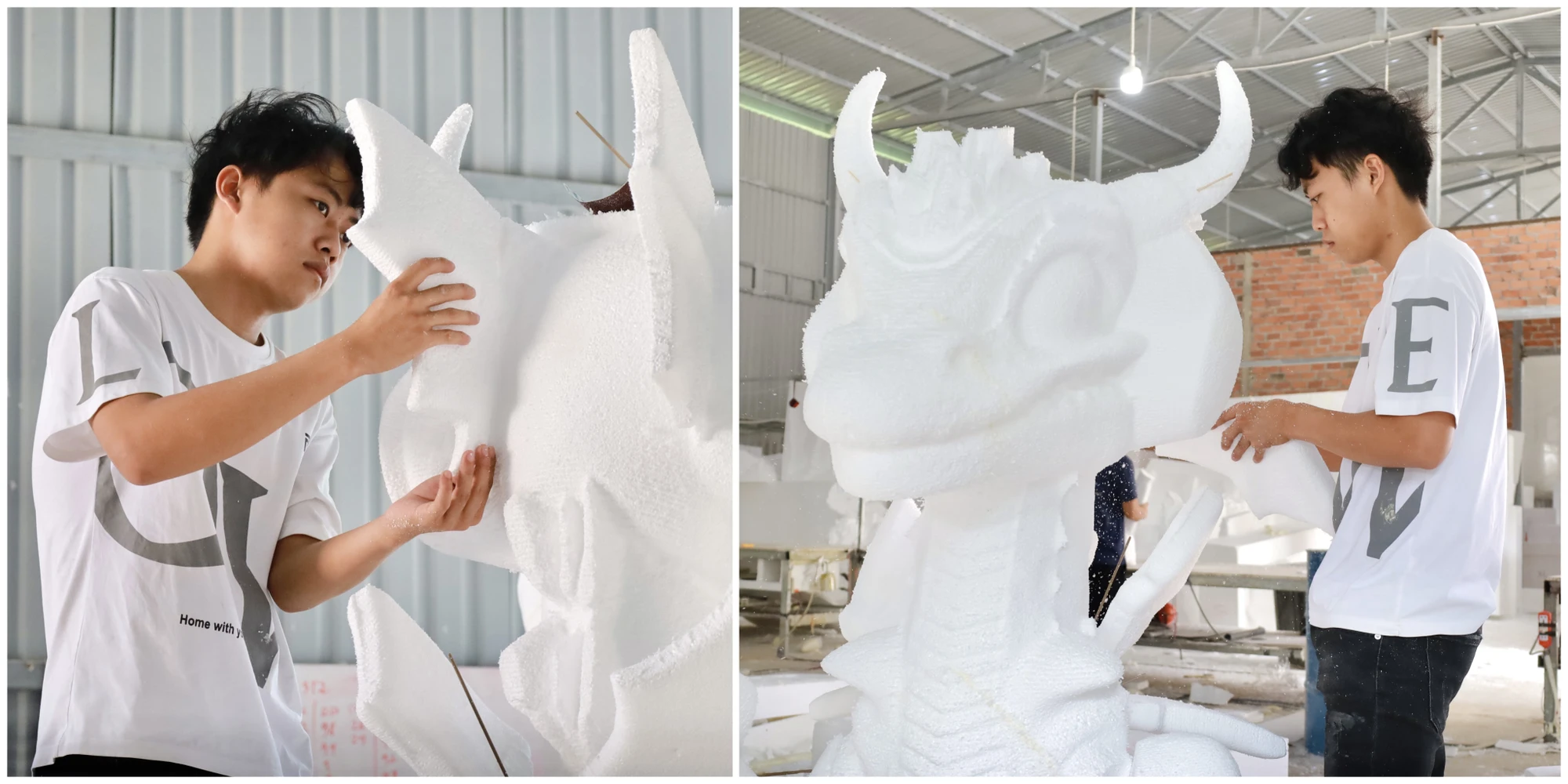 Để tạo nên một linh vật rồng bằng mút xốp chỉn chu, phải trải qua nhiều công đoạn như cắt, gọt, tỉa, tạo hình cơ bản. Ảnh: DI LINH kham-pha-xuong-san-xuat-linh-vat-rong-tet-nguyen-dan-giap-thin-2024-post-7.jpg
