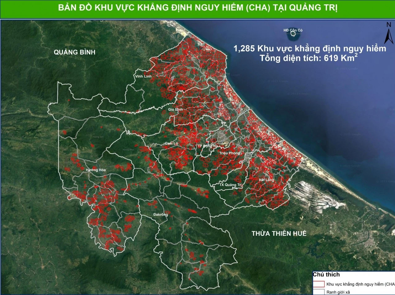 Bản đồ khu vực khẳng định nguy hiểm do bom, mìn, vật nổ tại Quảng Trị. Ảnh: Tổ chức viện trợ nhân dân Na Uy (NPA) Ra-pha-bom-min-vat-lieu-no-sau-chien-tranh-Cuoc-chien-trong-long-dat-11.jpg