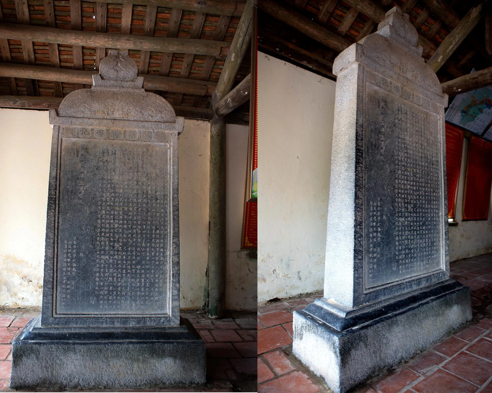 Bia đá ghi lại lịch sử ngôi đình Thượng Phú sừng sững trường tồn với thời gian được đặt ngay phía bên trái trong ngôi đình tạo nên nét cổ kính, uy nghi. Ảnh: ĐẶNG TRUNG