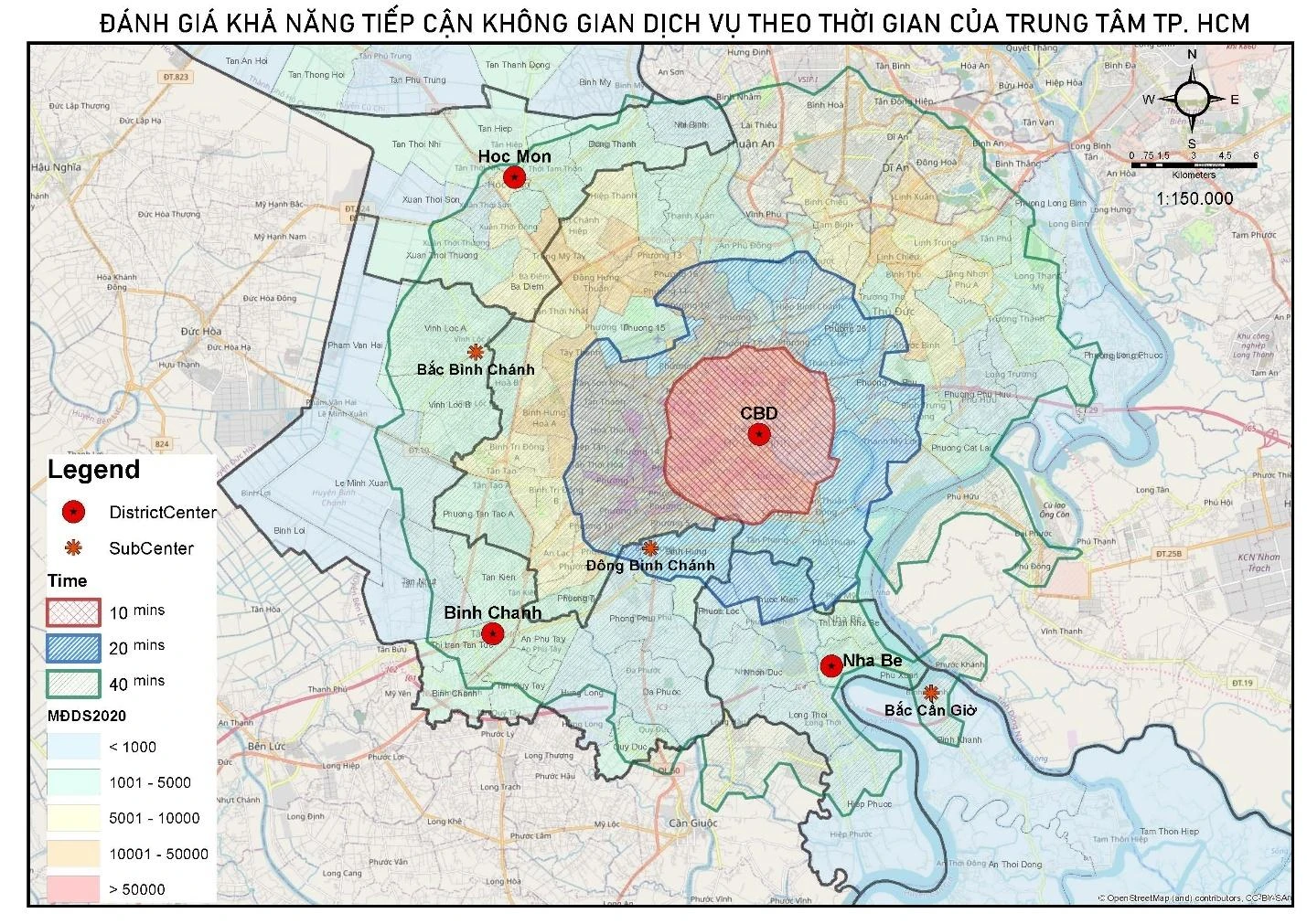 Nếu coi lõi trung tâm là khu vực tập trung việc làm, các trung tâm việc làm mới sẽ khó có thể thành công do không thể kết nối nhanh với trung tâm hiện hữu. Khu đô thị Tây Bắc (Củ Chi) cần hơn 70 phút để tiếp cận đến lõi trung tâm cũ, còn Cần Thạnh (Cần Giờ) cần tới 120 phút. Nhìn chung, với cấu trúc không gian hiện tại, các khu vực không tiếp cận được lõi trung tâm trong vòng 60 phút chưa thể thu hút đầu tư và phát triển bứt phá, còn các khu vực bên trong khu vực tiếp cận này tại vùng ven dễ trở thành đô thị ‘ngủ’ trừ khi có động lực tăng trưởng đủ lớn