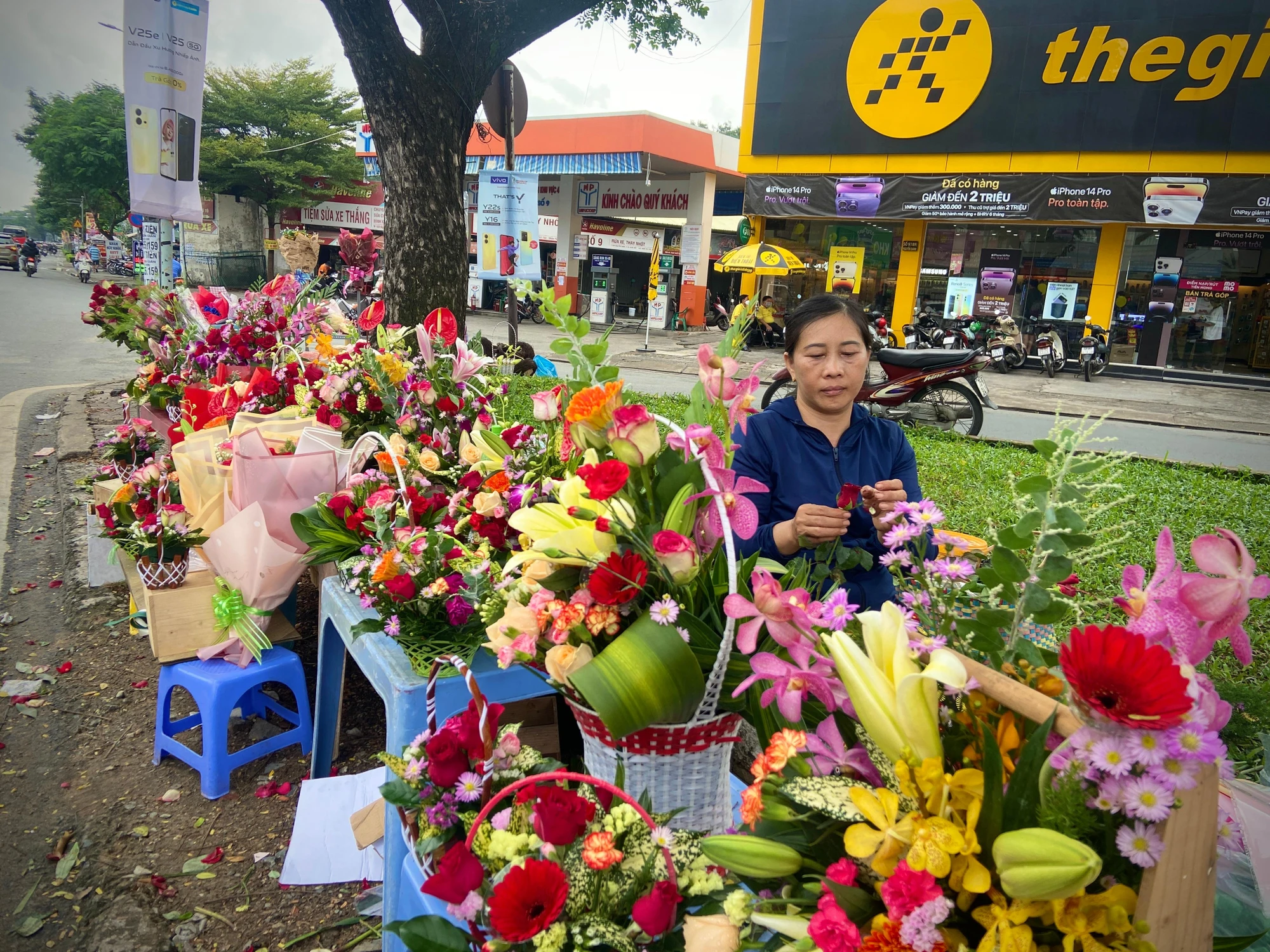 Ghi nhận tại ngã tư đường Nguyễn Oanh giao với đường Nguyễn Văn Lượng (quận Gò Vấp), bốn gốc đường cũng tràn ngập hoa tươi đang được bày bán. Ảnh: HUỲNH THƠ Ghi nhận tại ngã tư đường Nguyễn Oanh giao với đường Nguyễn Văn Lượng (quận Gò Vấp), bốn gốc đường cũng tràn ngập hoa tươi đang được bày bán. Ảnh: HUỲNH THƠ